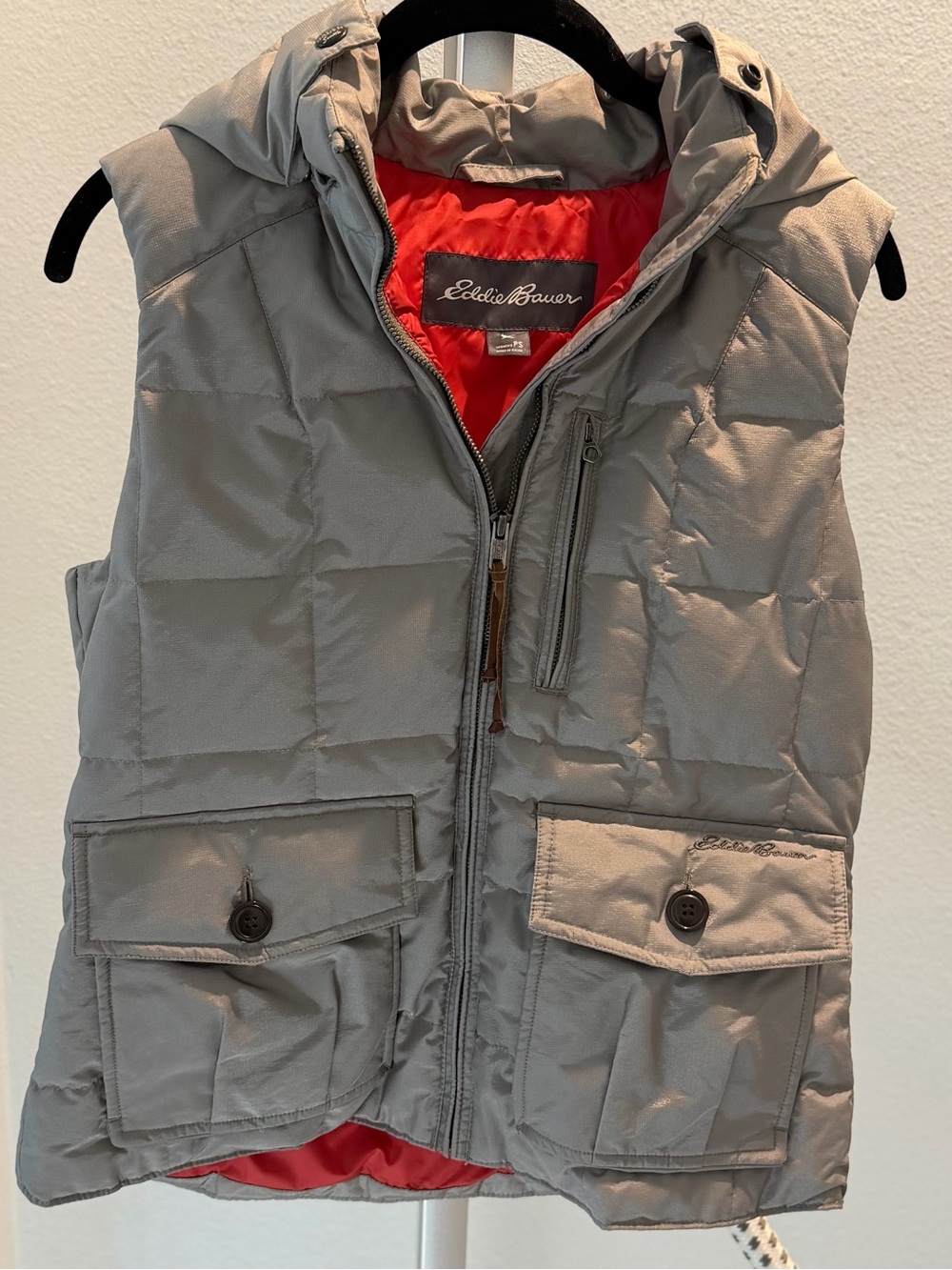 Eddie Bauer Gray Quilted Vest with Red Interior